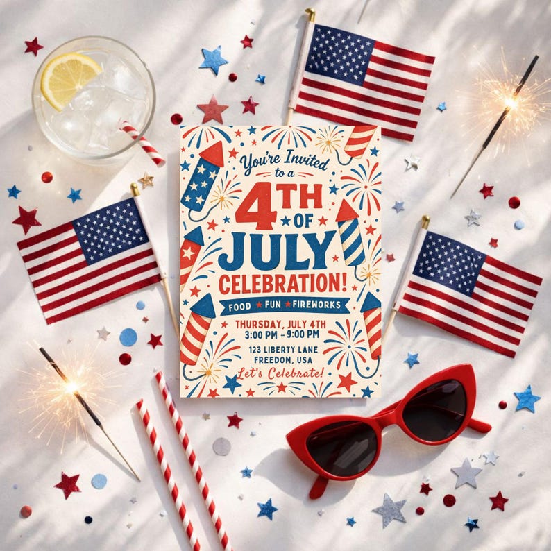 Retro 4th of July Invitation Template, Firework Collage Party Invite, Vintage Patriotic Invite, Independence Day BBQ Invite, Editable Canva