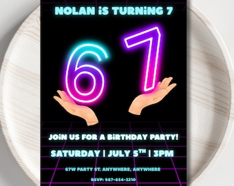 Neon 6-7 Meme Geburtstagseinladung | Bearbeitbar Kinder Party einladen | Lustiger digitaler Download