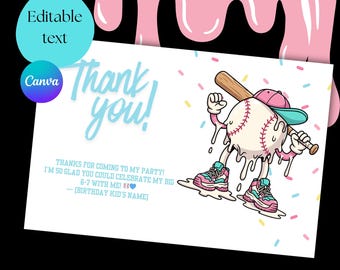 67 Baseball Drip Thank You Card | Printable Birthday Thank You | Baseball Birthday Thank You Card | Sports Thank You | Editable Canva