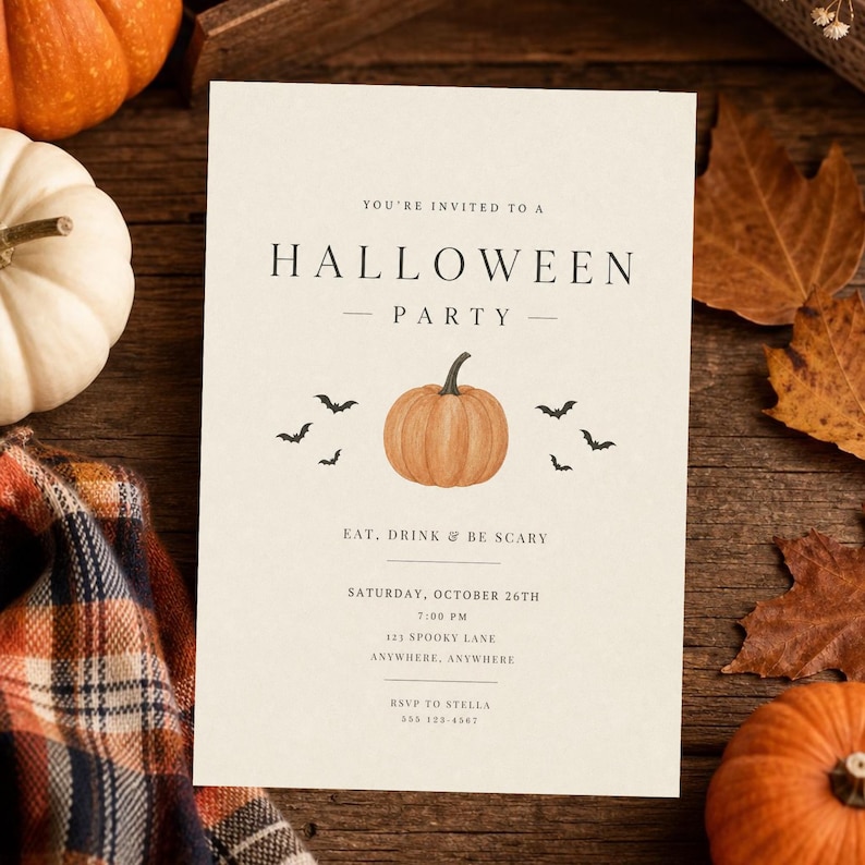 Minimal Halloween Invitation Template, Modern Halloween Party Invite, Simple Pumpkin Halloween Invitation, Editable Canva Halloween Invite