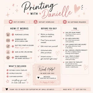 May include: A light pink informational graphic titled Printing with Danielle. It outlines instructions for an editable Canva template, including sections for How It Works, Before You Buy, FAQ, What's Included, and a Need Help contact box.
