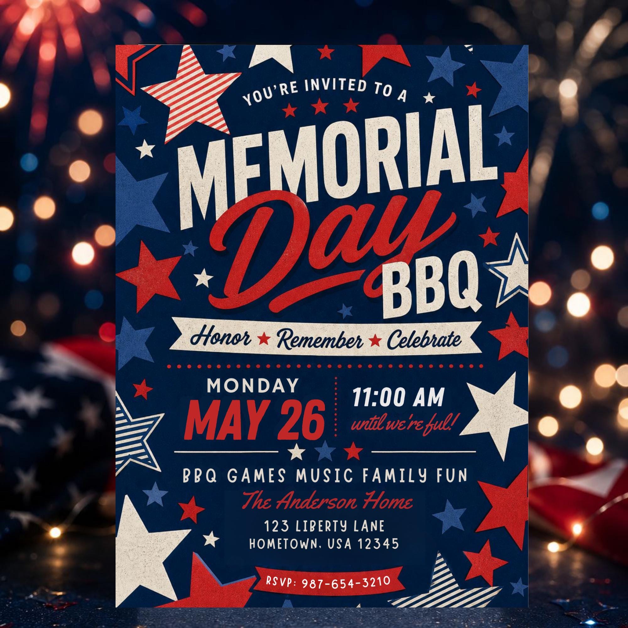 Memorial Day BBQ Invitation Template, Patriotic Stars Party Invite, Red ...