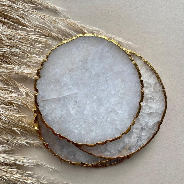 White Agate Stone Crystal Coasters , Coasters in the UK, Gold Edged Coasters , Hand Glided Coasters, Crystal Coasters
