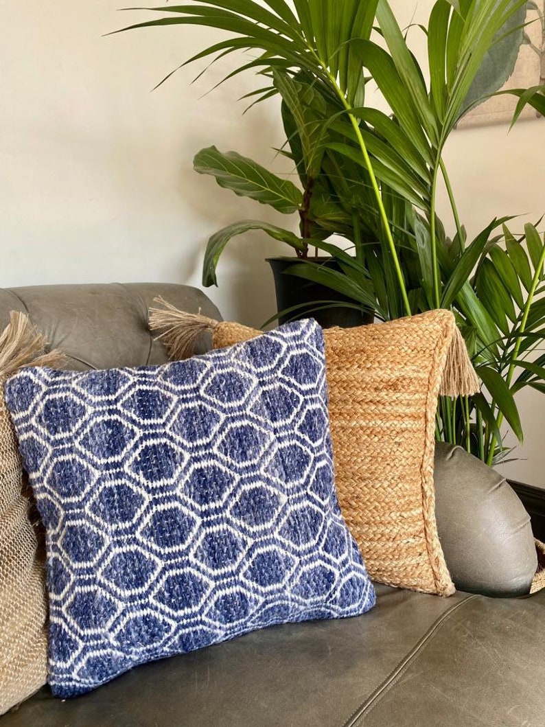 Outdoor Cushion Covers, blue and white cushions, Jacquard cushion, Geometric blue pillow cover, Boho blue pillow, garden cushions uk, image 7