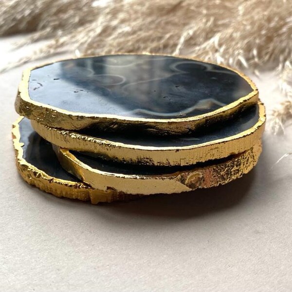 Black Agate Stone Crystal Coasters , Coasters in the UK, Gold Edged Coasters , Hand Glided Coasters, Crystal Coasters