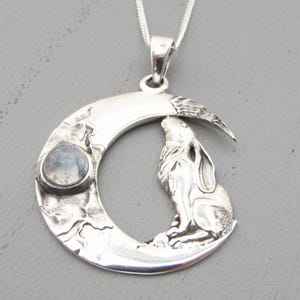 Sterling Silver Hare Pendant, Silver Hare Rabbit Necklace, Hare Design Pendant, Sterling Silver 925 Pendant, Rabbit Jewellery, Crescent Moon