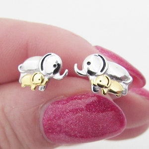 Gold Plated Sterling Silver Elephant Stud Earrings: Mommy & Baby Design