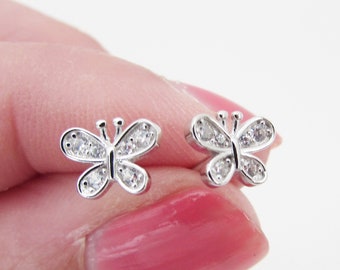Sterling Silver 925 Butterfly Earrings, Small Crystal Butterfly Earrings, Stud Earrings, Small Rhinestone Butterfly Stud Earrings