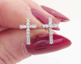 Sterling Silver Crystal Cross Stud Earrings