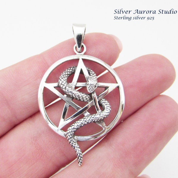 Pentagram and Snake Sterling Silver 925 Pendant, Silver Snake Pendant, Pentagram Pendant, Star Pentagon Pendant, Sterling Silver Pendant