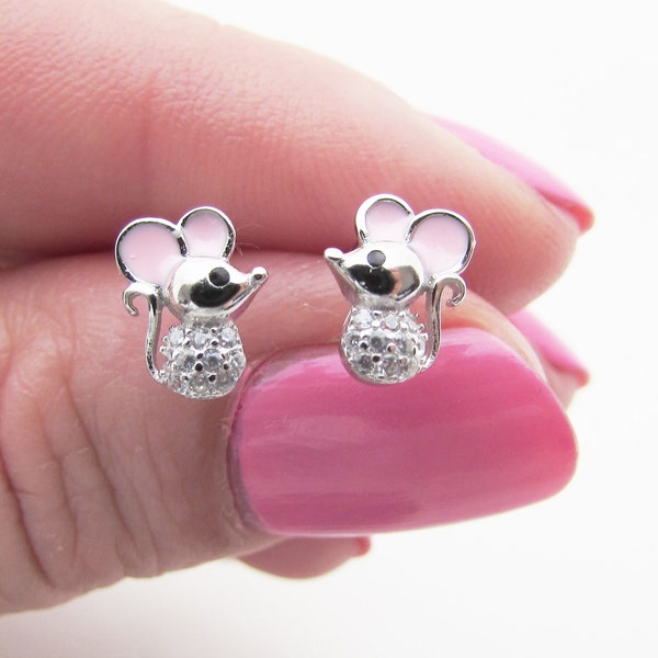 Petites boucles d'oreilles souris en argent sterling 925, petites puces d'oreilles souris blanches, boucles d'oreilles animaux pour fille, boucles d'oreilles pour enfants souris