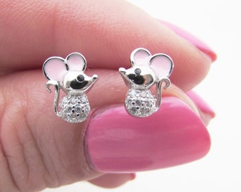 Tiny Sterling Silver 925 Mouse Earrings, Small White Mice Stud Earrings, Animal Stud Earrings for Girl, Children's Earrings Mouse