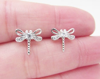 Sterling Silver 925 Dragonfly Earrings, Silver Dragonfly Stud Earrings, Dragonfly Earrings, Simple Crystal Dragonfly Earrings