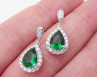 Green Sterling Silver 925 Dangle Earrings, Wedding Emerald Green Drop Earrings, Green Crystal Earrings, Green Bridal Earrings Gift