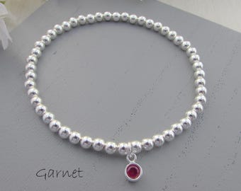 Sterling Silver Birthstone Bracelet: Red Garnet Charm Bracelet, January Birthstone Jewellery
