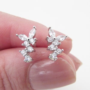 Cubic Zirconia Sterling Silver 925 Stud Earrings for Bride, CZ Stud Earrings for Wedding, Floral Bridal Stud Earrings, Crystal Studs