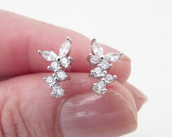 Cubic Zirconia Sterling Silver 925 Stud Earrings for Bride, CZ Stud Earrings for Wedding, Floral Bridal Stud Earrings, Crystal Studs
