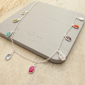 Sterling Silver and Mixed Gemstone Necklace, Gemstone Drop Necklace, Gemstone Necklace Gift, Simple Gemstone Necklace, Multi Stone Necklace