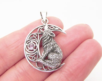 Sterling Silver 925 Wolf and Amethyst Pendant, Howling Wolf Necklace, Wolf Design Pendant, Sterling Silver 925 Pendant, Wolf Jewellery