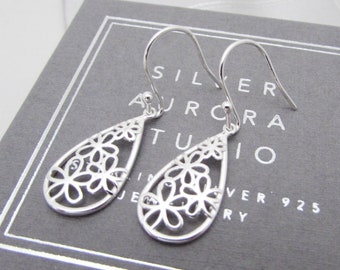 Sterling Silver 925 Dangle Flower Earrings, Classic Drop Earrings, Flower Dangle Earrings, Simple Floral Drop Earrings, Silver 925 Silver