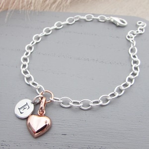 Sterling Silver and Rose Gold Heart Bracelet, Chain Bracelet for Gift, Personalised Jewellery Gift, Personalised Bracelet, Initial Bracelet