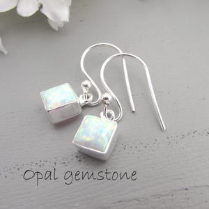 Könnte beinhalten: Silberne Ohrringe mit quadratischen Opal-Edelsteinen. Die Ohrringe haben ein Haken-Design. Der Text "Opal gemstone" ist darunter in Kursivschrift geschrieben.