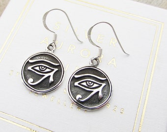 Sterling Silver Eye of Horus Earrings: Egyptian Dangle Earrings