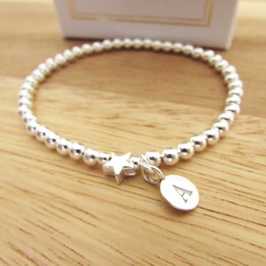 Sterling Silver Star Bracelet: Personalised Initial Charm, Beaded Stacking Bracelet