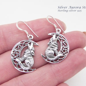 Sterling Silver 925 Wolf Earrings, Silver Wolf Earrings, Dangle Celtic Moon Earrings, Howling Wolf Drop Earrings, Moon Earrings