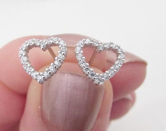 Sterling Silver 925 Heart Stud Earrings, Open Heart Stud Earrings, Sparkly Heart Stud Earrings, Clear Crystal Heart Earrings