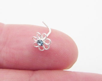 Tiny Crystal Nose Stud, Sterling Silver 925 Nose Stud, Flower Crystal Nose Earring, Blue Crystal Flower Nose Stud Silver