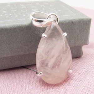 Sterling Silver 925 Pendant, Rose Quartz Tear Drop Pendant Necklace, Chunky Rose Quartz Gemstone Pendant Necklace, Pink Pendant Necklace