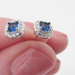 Navy Blue Sterling Silver 925 Stud Earrings, Navy Blue Square Stud Earrings, Navy Earrings, Navy Blue Crystal Earrings Wedding