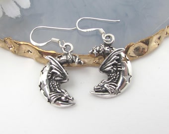 Sterling Silver Half Moon Dangle Earrings, Dragon Earrings, Silver Dragon Jewellery