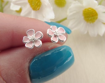 Sterling Silver Flower Stud Earrings, Small Pink Floral Studs, Daisy Earrings for Girl, Pretty Pink Studs