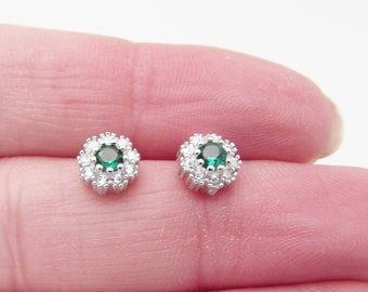 Green CZ Sterling Silver Stud Earrings: 8mm Emerald Green, Vintage Style, Wedding Day Jewellery
