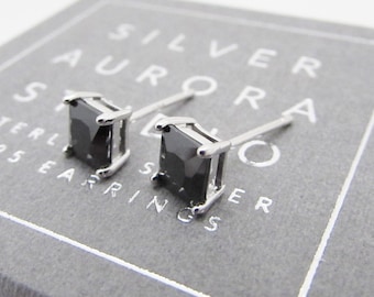 Black Crystal Stud Earrings, Square Stud Earrings, Black Sterling Silver 925 Earrings, Small Square Crystal Stud Earrings, Unisex Earrings