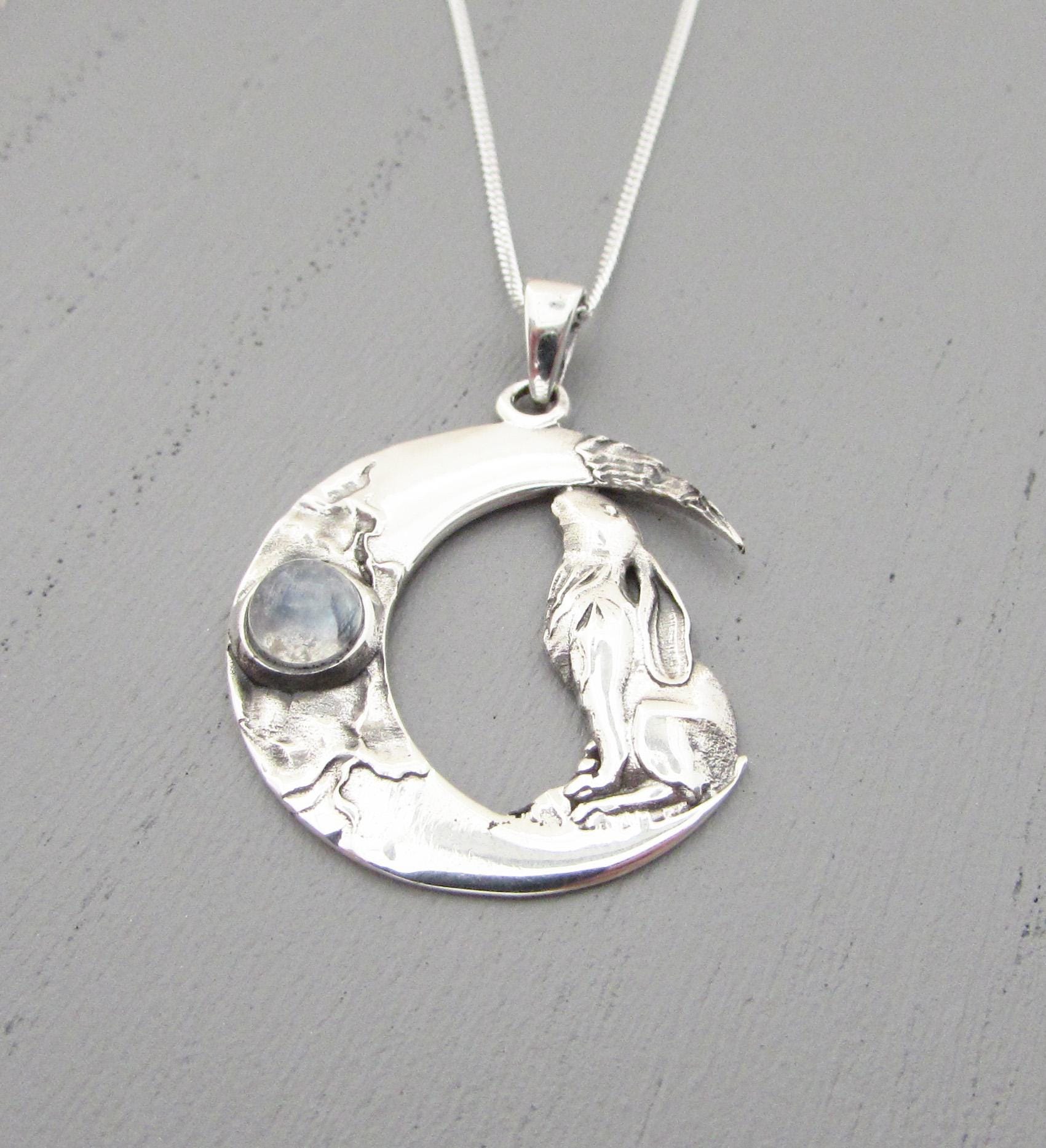 Sterling Silver Hare Pendant, Silver Hare Rabbit Necklace, Hare Design Pendant, Sterling Silver 925 Pendant, Rabbit Jewellery, Crescent Moon