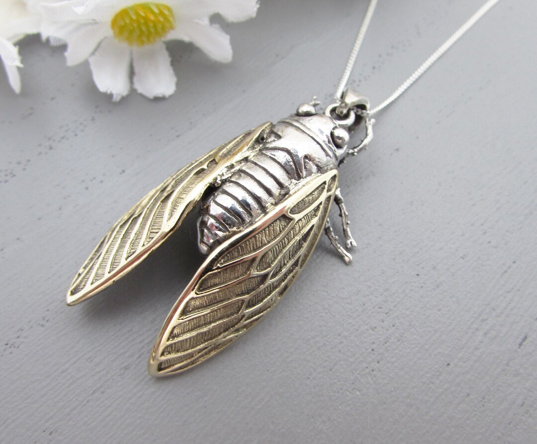 Chain Set Insect Sterling Silver Cicada Insect Pendant and Chain, Cicada Bug Pendant ...