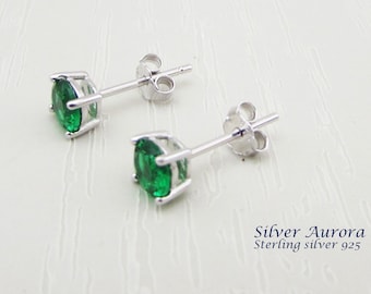 Green CZ Sterling Silver Stud Earrings: 5mm Emerald Green