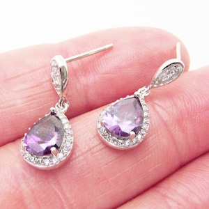 Purple Sterling Silver 925 Dangle Earrings, Wedding Purple Drop Earrings, Purple Crystal Earrings, Purple Bridal  Earrings