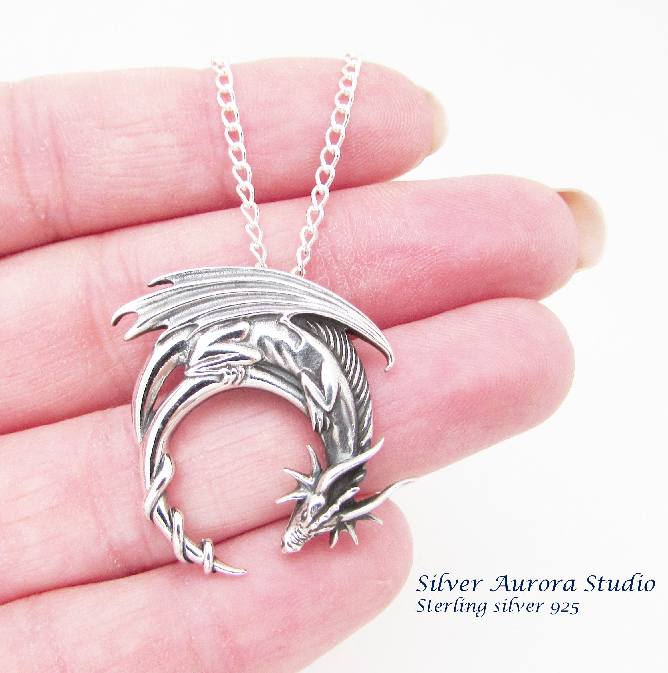 Sterling Silver 925 Dragon Pendant Necklace Silver Dragon Etsy UK