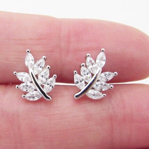 Sterling Silver 925 Leaf Stud Earrings, Crystal Leaf Design Silver 925 Earrings, Small Silver Leaf Stud Earrings, Leaf Earrings