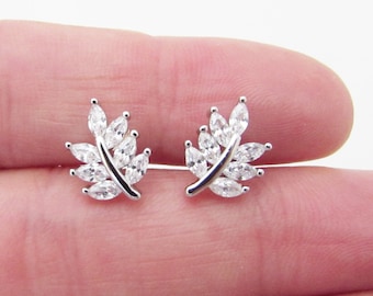 Sterling Silver 925 Leaf Stud Earrings, Tiny Crystal Leaf Design Silver 925 Earrings, Small Silver Leaf Stud Earrings, Leaf Earrings