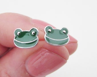 Sterling Silver 925 Frog Earrings, Small Colourful Frog Earrings, Stud Earrings for Little Girl, Green Frog Earrings, Frog Jewellery