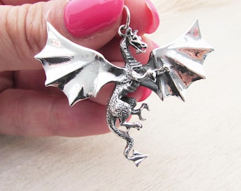 Sterling Silver 925 Dragon Pendant Necklace, Silver Dragon Necklace, Dragon Design Pendant, Sterling Silver 925 Necklace, Dragon Jewellery
