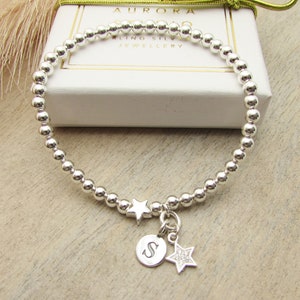 Sterling Silver Beaded Bracelet: Star Charm, Personalised Initial