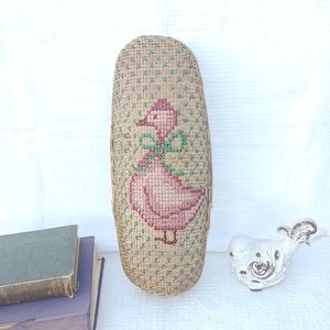 Vintage Wicker Bread Basket with Cross-Stitch Duck Design