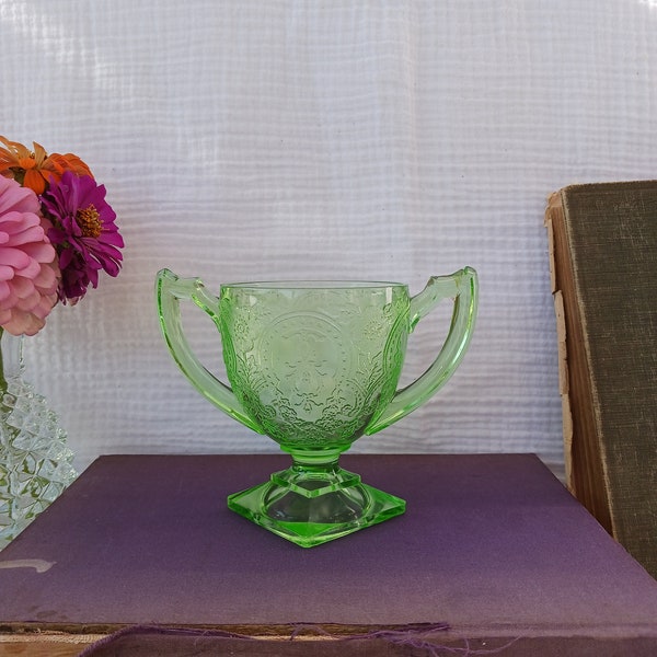 Green Indiana Glass Horseshoe Pattern Footed Sugar Bowl