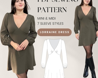 V-neck Dress Pattern, Bias Cut Dress Pattern with Sleeves, Midi & Mini Slip Dress Sleeve Sewing Pattern, PDF Digital Pattern, Sizes 3XL-5XL